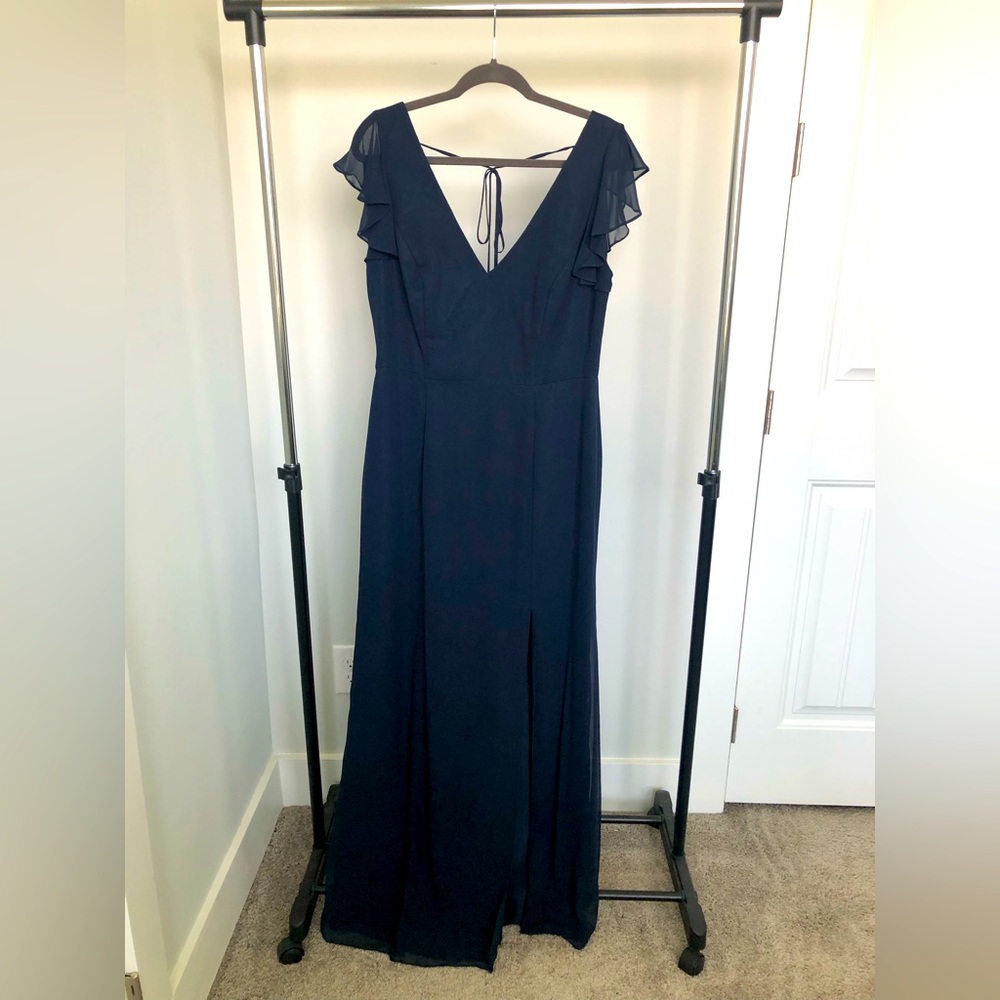 Never Altered After Six Midnight Navy Blue Ruffled Sleeve Mermaid Dress w/ Slit